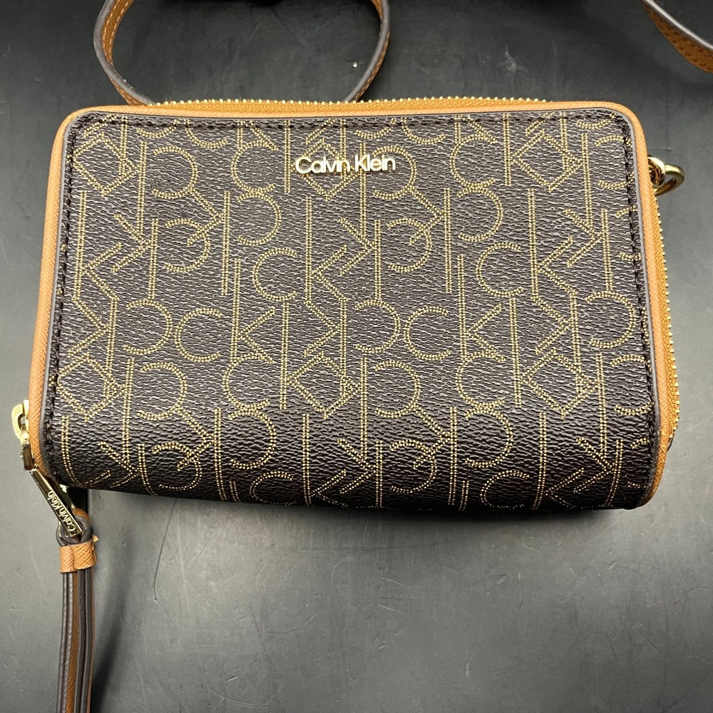 Calvin Klein Monogram Zip Wallet Clutch Crossbody Bag 24 Brown Gold Chain 24"